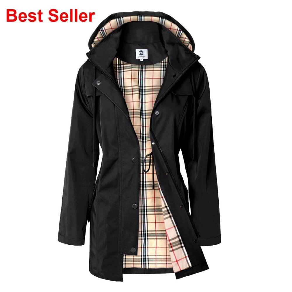 Long Hooded Rain Jacket Windbreaker Water-Resistant Polyester